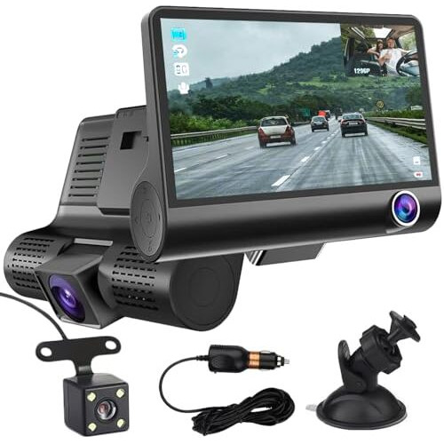 Fabtec 4 Inch Ips Screen Three Lens Car Dvr Hd 1080P Vehicle Driving Recorder Car Camera With Night Vision, G-Sensor, Parking Assistance
