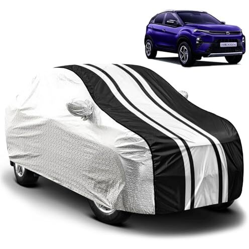 Fabtec Car Body Cover For Tata Nexon New Waterproof Uv & Rain Protection Metallic Silver With Black Stripes Car Cover With Mirror Pocket Bottom Elastic Full Size Car Cover