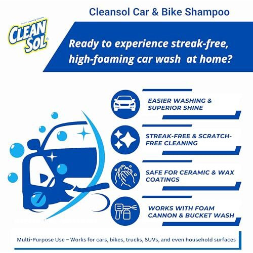 Cleansol Car & Bike Wash Shampoo Concentrate | High-Foaming, Ph-Balanced, Paint-Safe Formula | Thick Suds With Shine Boost | Works With Foam Cannon & Bucket Wash | Lavender Fragrance - 5 Ltr