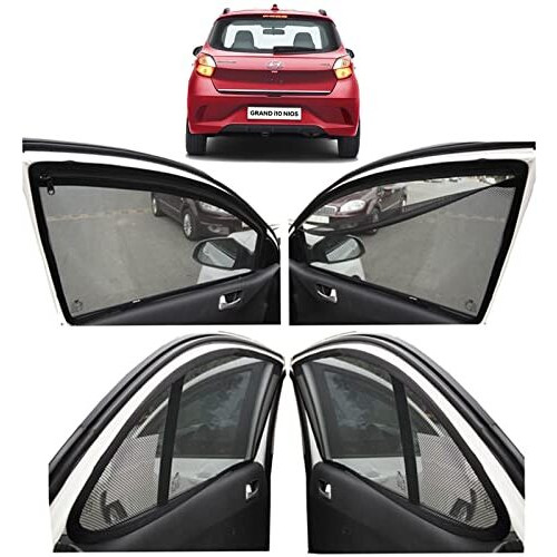 Autofact Magnetic Car Sunshades Compatible With Hyundai Grand I10 Nios (2019 To 2024) (Set Of 4)  Easy Installation, Uv Protection, Keeps Car Cool (Front 2 With Zippers, Rear 2 Without Zippers)