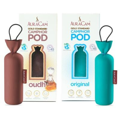 Auracam Gold Standard Camphor Pods (1 Original + 1 Oudh) - Pack Of 2 - Organic Camphor Cone Air Freshener For Room, Car, Bathroom, Office & Toilet | Long-Lasting Camphor Pods