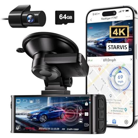 Redtiger F7Nt 4K Car Dash Camera Front And Rear, 3.18 Inch Touch Screen, 64Gb Card Included, Dash Cam Built-In Wifi Gps, Uhd 2160P Night View, Wdr, Parking Monitor