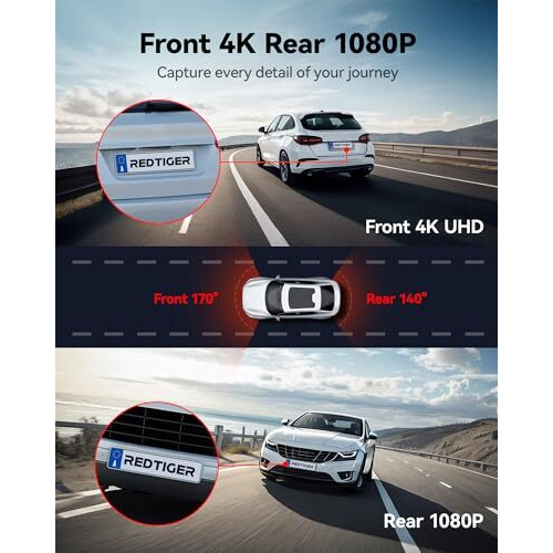 Redtiger F7Nt 4K Car Dash Camera Front And Rear, 3.18 Inch Touch Screen, 64Gb Card Included, Dash Cam Built-In Wifi Gps, Uhd 2160P Night View, Wdr, Parking Monitor