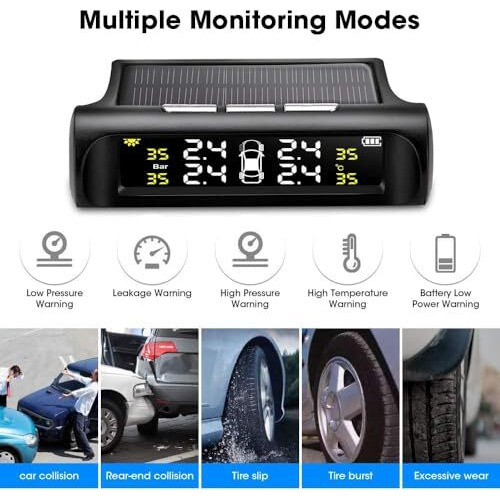 Skypearll Car Tire Pressure Monitor Systems With Clock, Solar Power And Usb Charge, 4 External Sensors Psi And Temperature Safety Alarm Display, Tpms For Cars