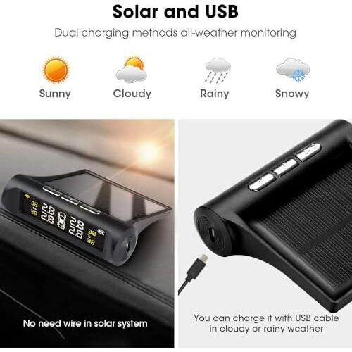 Skypearll Car Tire Pressure Monitor Systems With Clock, Solar Power And Usb Charge, 4 External Sensors Psi And Temperature Safety Alarm Display, Tpms For Cars