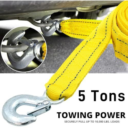 Sthira 13Ft 5-Tons Car Towing Rope Heavy Duty With Quick Release Snap Towing Hook, Max 10, 000-Pound Capacity Towing Strap, Durable Polyester Towing Belt For Car, Suv, Truck, Trailer