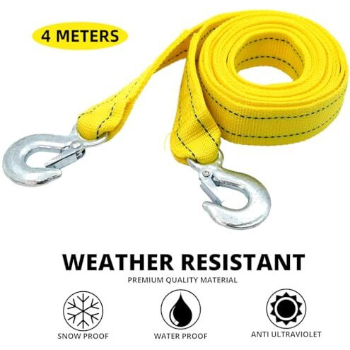 Sthira 13Ft 5-Tons Car Towing Rope Heavy Duty With Quick Release Snap Towing Hook, Max 10, 000-Pound Capacity Towing Strap, Durable Polyester Towing Belt For Car, Suv, Truck, Trailer