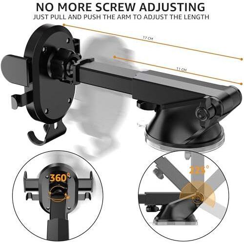 Elv Car Mount Adjustable Universal Car Phone Holder Long Arm, Dashboard Windshield For Smartphones - Black