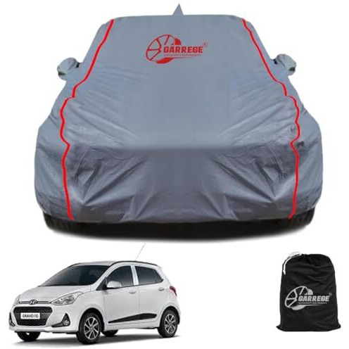 Garrege Hyundai Grand I10 Waterproof Car Body Cover With Mirror And Anteena Packets 150 Gsm Grey Fabric With Piping Style All Weather Protection Car Cover
