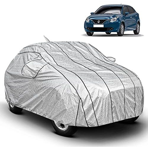 Fabtec Car Body Cover For Maruti Baleno Metallic Silver With 7 Strips With Soft Cotton Lining, Triple Stitched, Full Bottom Elastic