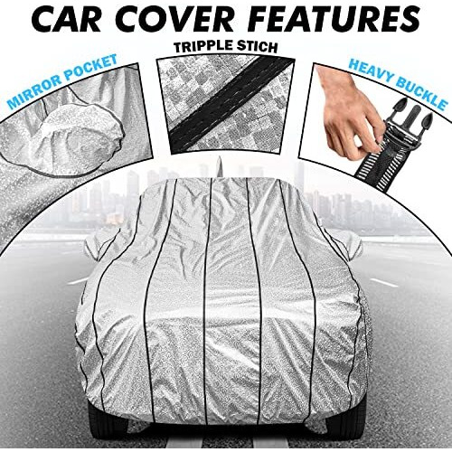 Fabtec Car Body Cover For Maruti Baleno Metallic Silver With 7 Strips With Soft Cotton Lining, Triple Stitched, Full Bottom Elastic