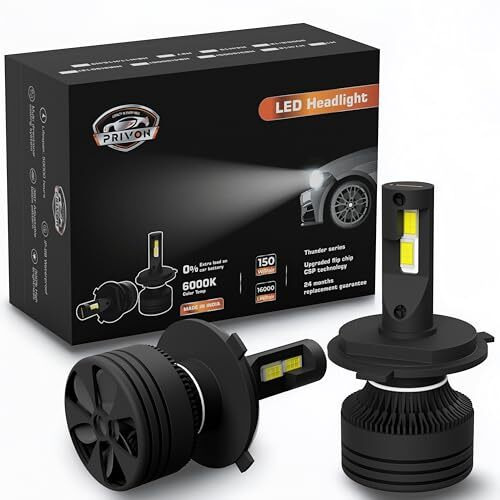 Privon Led Headlight Bulb For Car (White Led Headlight For Car, 6000K) With External Canbus Ballast Driver, 02 Years Replacement Guarantee (Car Led Headlights Bulb) (150 Watts, H4/H19)