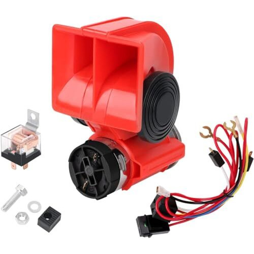 Automaze Car Air Horn 12V With Compressor And Relay, Wiring Compact Auto Nautilus Super Loud Kit For Truck Car Motorcycle (Red)