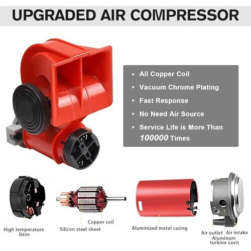 Automaze Car Air Horn 12V With Compressor And Relay, Wiring Compact Auto Nautilus Super Loud Kit For Truck Car Motorcycle (Red)