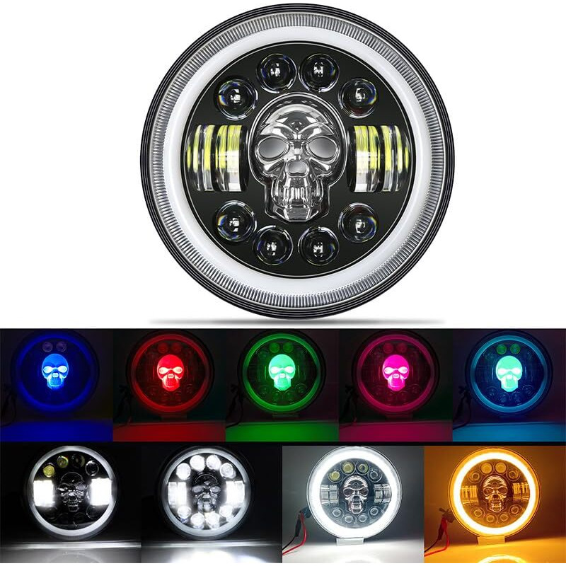 Eltron Turbo Led Headlight Drl With Turn Signal Indicator 12V 240W Multicolour Light Compatible With Classic/Standard Bullet Motorcycle, Thar Cars 7 Inch (Skull Design)