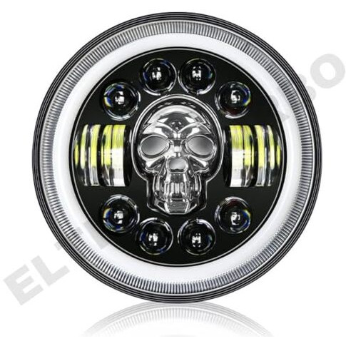 Eltron Turbo Led Headlight Drl With Turn Signal Indicator 12V 240W Multicolour Light Compatible With Classic/Standard Bullet Motorcycle, Thar Cars 7 Inch (Skull Design)