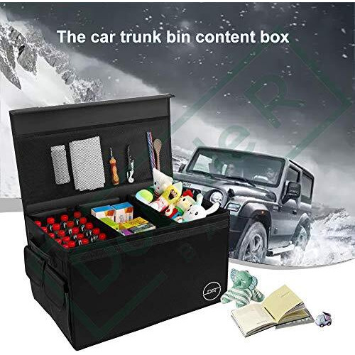 Double R Bags Polyester Multi Compartments Collapsible, Portable For Car Accessories And Trunk Dicky Boot Organiser With Lid Cover(Black)