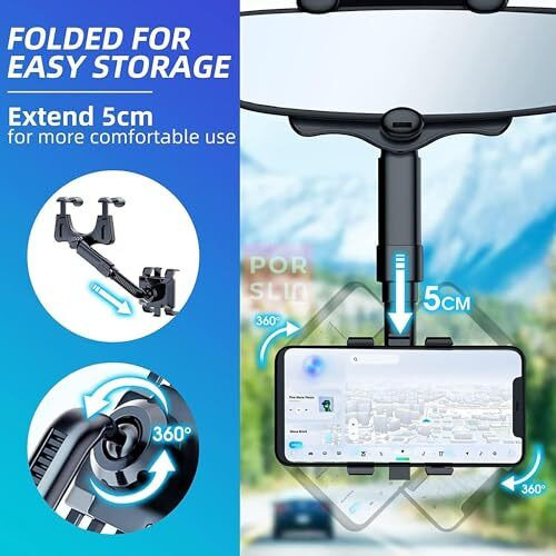 Porslin Universal Rearview Mirror Phone Holder For Car - 360 Rotating Mobile Holder, Hands-Free Car Phone Mount, Adjustable Mobile Stand For Smartphones, Secure Rear View Mirror Accessories For Car