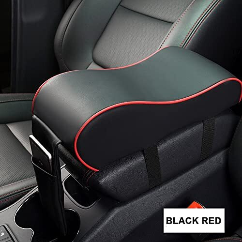 Automaze Center Console Armrest Thick Cushion,Soft Memory Foam Pu Leather Height Arm Rest Pad With Phone Pocket Storage Bag (With Front Pocket, Black With Red Line)
