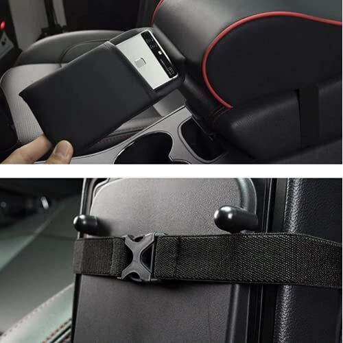 Automaze Center Console Armrest Thick Cushion,Soft Memory Foam Pu Leather Height Arm Rest Pad With Phone Pocket Storage Bag (With Front Pocket, Black With Red Line)