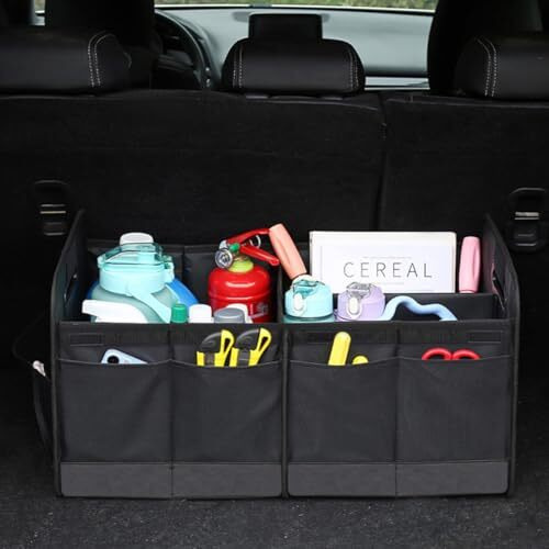 Sthira Car Boot Organizer, Foldable Trunk Organizer With Multi-Compartments Handles & Waterproof 600D Oxford Polyester Organiser Versatile Storage Box, Office, Outdoor Use, Automobiles, Black