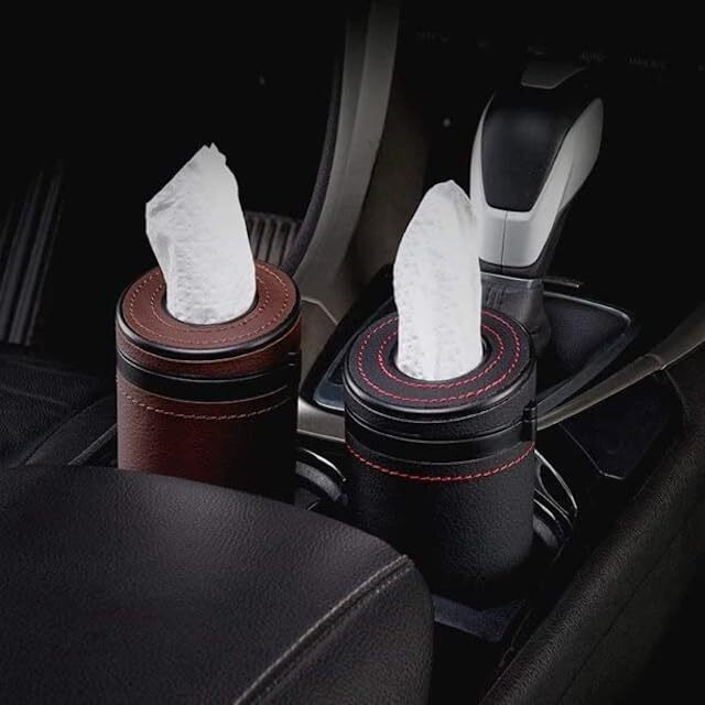 Automaze Pu Leather Plus Abs, Car Cylindrical Cup Holder Tissue Holder Box With 3 Ply 40 Pulls Tissues (Brown)