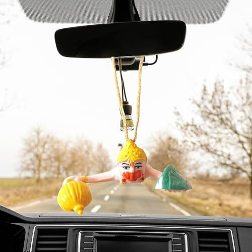 Styshion Sphere Flying Lord Hanuman For Car Hanging Ornament | Handmade Decorative Car Hanging Accessory | Door Window Hanging Hanuman Ji Idol For Car Dashboard (Pack Of 01)(Multicolor)