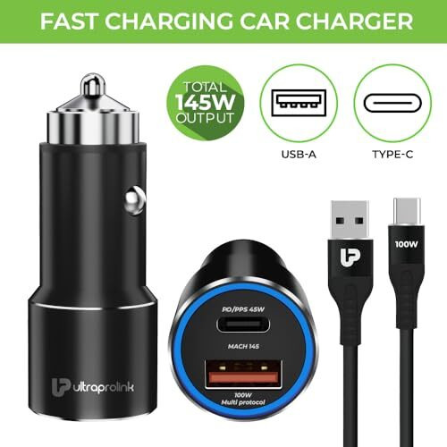 Ultraprolink 145W Fast Car Charger | Dash, Warp, Supervooc, Pd Charger | 45W Pps Pd Type C And 80W Type A Port |Compatible For Iphone, Oneplus, Samsung, Oppo, Nothing & Pixel | Mach 145 | Um1160