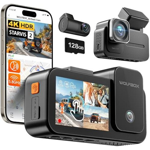 Wolfbox X5 New 3 Channel Dash Cam For Car, 4K +2.5K+1080P Front And Rear Inside Dash Cam With 5.8Ghz Wifi Gps, Starvis 2 Imx678, Hdr, 128Gb Card Included, Touchscreen, Voice Control, Supports 512Gb