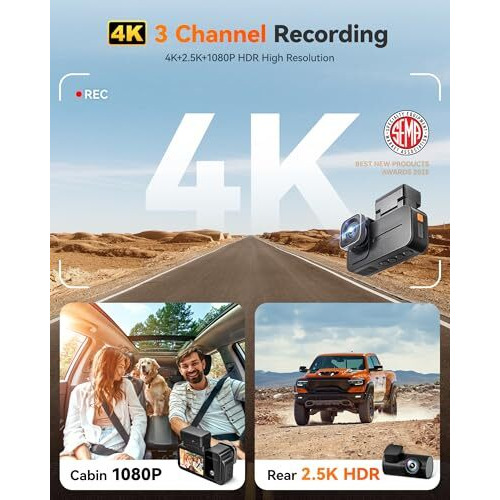 Wolfbox X5 New 3 Channel Dash Cam For Car, 4K +2.5K+1080P Front And Rear Inside Dash Cam With 5.8Ghz Wifi Gps, Starvis 2 Imx678, Hdr, 128Gb Card Included, Touchscreen, Voice Control, Supports 512Gb