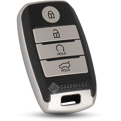 Shopoflux Tpu Leather Key Cover Compatible With Kia Seltos | Sonet | Carens 4 Button Smart Key (Black Silver)