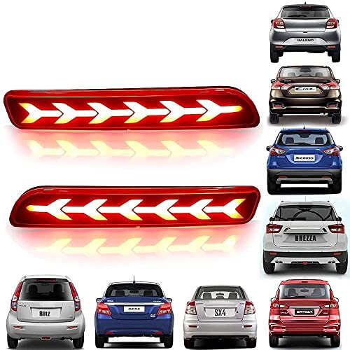 Detachi Car Reflector Led Brake Light For Bumper Rear, Back And Red- Suitable Maruti Suzuki Ertiga- 2 Pcs With Maruti Suzuki Baleno Brezza Ciaz Ertiga New Swift Dzire Scross Ritz Sx4 (Random Design)