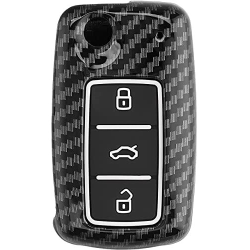 Jvcv Hard Case Key Cover Compatible With Volkswagen Polo Vento Jetta Ameo Passat And Skoda Rapid Laura Superb Octavia Fabia Yeti Folding Key (Carbon Black)