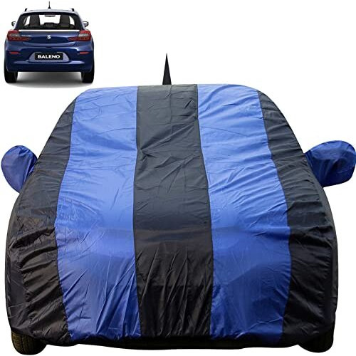 Baleno Dustproof Car Cover With Mirror & Antenna Pockets, Royal Blue Stripes, Taffeta Polyster,Triple Stitched, Compatible With Maruti Baleno Car Cover (2015 To 2024), Baleno Car Accessories