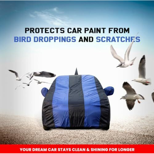 Baleno Dustproof Car Cover With Mirror & Antenna Pockets, Royal Blue Stripes, Taffeta Polyster,Triple Stitched, Compatible With Maruti Baleno Car Cover (2015 To 2024), Baleno Car Accessories