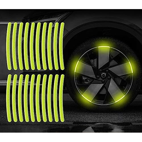 Fapiwen Car Wheel Reflective Stickers, 20Pcs Reflective Wheel Rim Stripe Stickers, Night Safety Warning Car Stickers, Wheel Safety Decorative Car Decals Universal For Car Motorcycle Bicycle (Yellow)