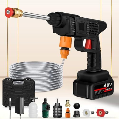 High Pressure Car Washer Gun With 48 V Rechargeable Battery | Portable & Cordless Washing Gun For Vehicles| Battery Operated Pump With 5M Hose Pipe And Foam Cannon (30 Min Running Time & 2 Ltr/Min)