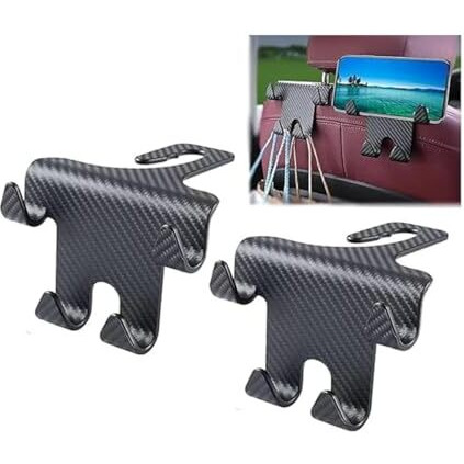 Eono 2 Pc Car Headrest Hook With Mobile Phone Holder Car Back Seat Hooks For Purses, Water Bottle, Umbrellas, Cap, Shopping Bag, Grocery Bags - Black - Plastic, Automobiles