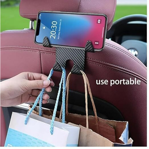 Eono 2 Pc Car Headrest Hook With Mobile Phone Holder Car Back Seat Hooks For Purses, Water Bottle, Umbrellas, Cap, Shopping Bag, Grocery Bags - Black - Plastic, Automobiles