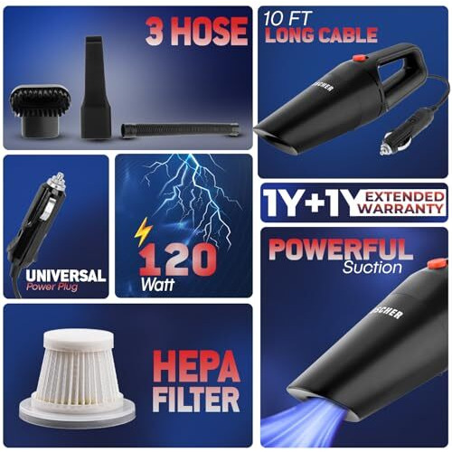 Woscher 589 Car Vacuum Cleaner 12V High Power 120W Handheld Portable Car Vacuum For Deep Cleaning| 4500Pa Powerful Suction,10 Ft Cord, Hepa-Filter (Black)