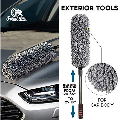 Primalite Car Cleaning Duster, Ultra Soft Microfiber Brush- Extendable Telescoping Handle Tool, Interior Exterior Multipurpose Cleaner For Car Office Home With Storage Bag, Lint Free-Grey (Pack Of 1)