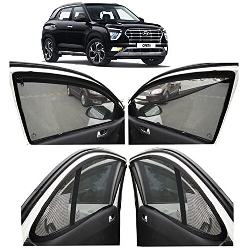Autofact Magnetic Car Sunshades Compatible With Hyundai Creta New (2020 To 2024) (Set Of 4)  Easy Installation, Uv Protection, Keeps Car Cool (Front 2 With Zippers, Rear 2 Without Zippers)