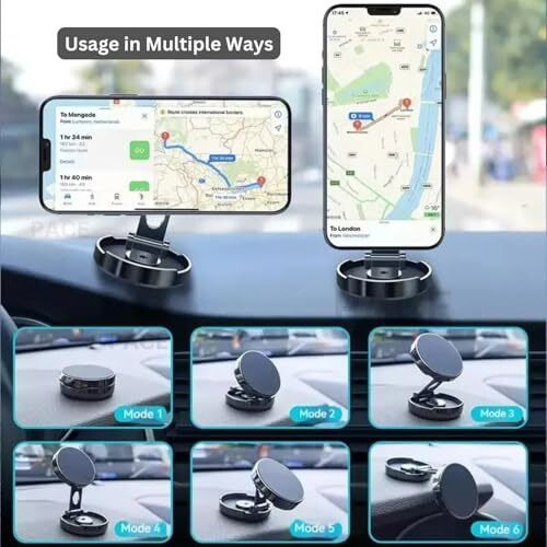 Foldable Cell-Phone Bracket 360 Rotation Magnetic Phone Holder Mount For Car, Flat Surfaces. 6 Strong Rb Magnets For Stability During Navigation & Calls. Sticker Tape, Adhesive Metal Sheet Included.