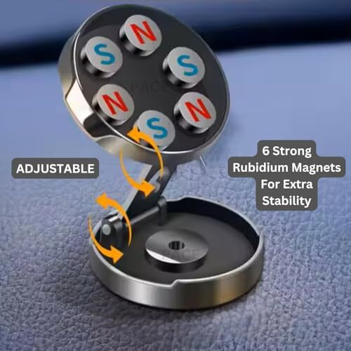 Foldable Cell-Phone Bracket 360 Rotation Magnetic Phone Holder Mount For Car, Flat Surfaces. 6 Strong Rb Magnets For Stability During Navigation & Calls. Sticker Tape, Adhesive Metal Sheet Included.