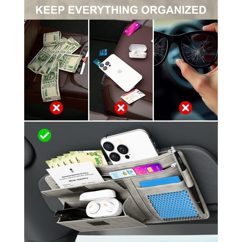 Fedus Premium Car Sun Visor Organizer Car Organiser And Storage Car Document Holder, Sunglasses Holder For Car, All New Accessories Multipocket Pouch Auto Interior Accessories For Truck, Suv Beach