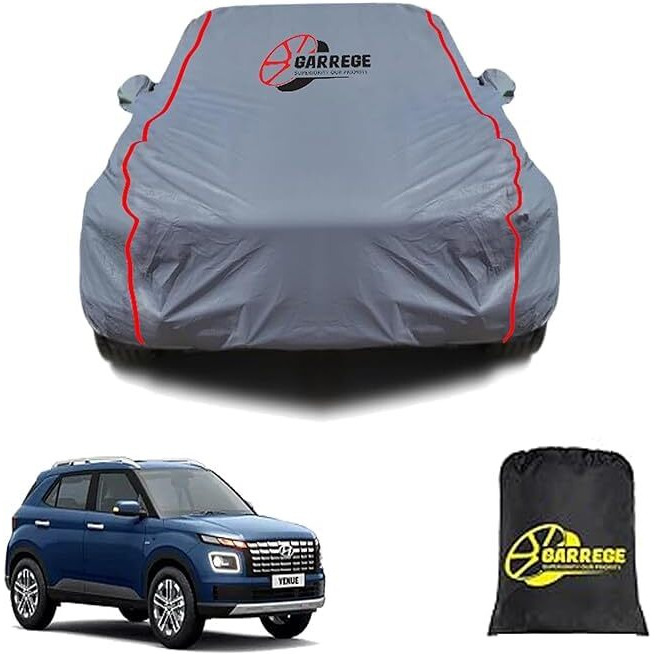 Garrege Venue All Models Car Body Cover Waterproof All Weather, Outdoor Full Cover Rain Sun Uv Protection With Inner Side Ultra Soft Cotton 6 Layers With Blue Piping And Mirror With Anteena Packet