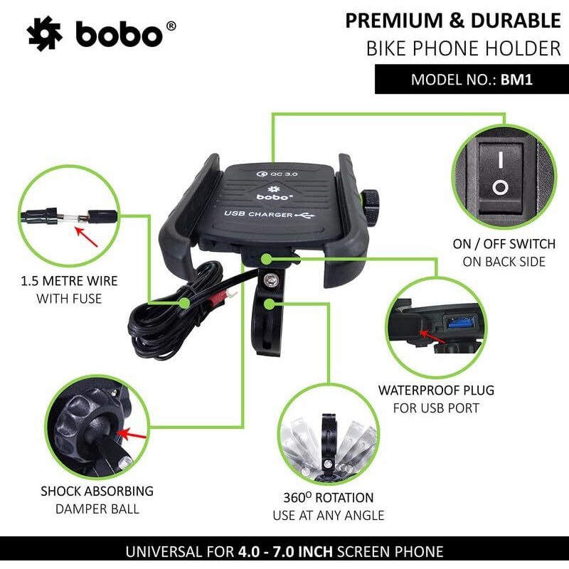 Bobo Bm1 Jaw-Grip Waterproof Bike/Motorcycle/Scooter Mobile Phone Holder Mount With Fast Usb 3.0 Charger, Ideal For Maps And Gps Navigation (Black)