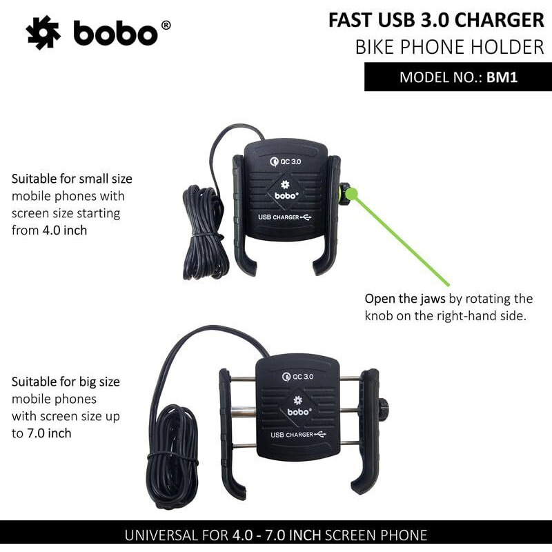 Bobo Bm1 Jaw-Grip Waterproof Bike/Motorcycle/Scooter Mobile Phone Holder Mount With Fast Usb 3.0 Charger, Ideal For Maps And Gps Navigation (Black)