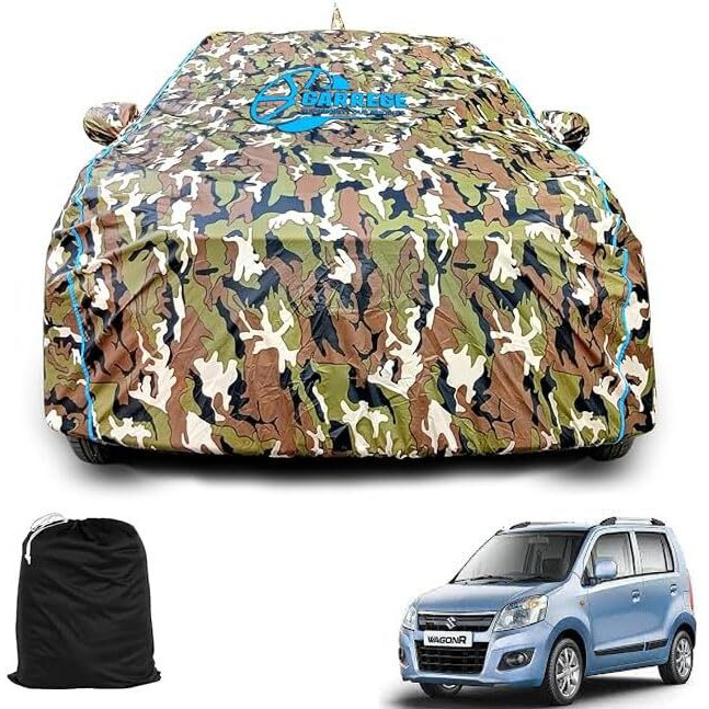 Garrege Maruti Suzuki Wagon R Car Body Cover Waterproof With Mirror And Antenna Pocket And Soft Cotton Lining (Full Bottom Elastic Triple Stitched) (Jungle Print With Blue Piping) Style