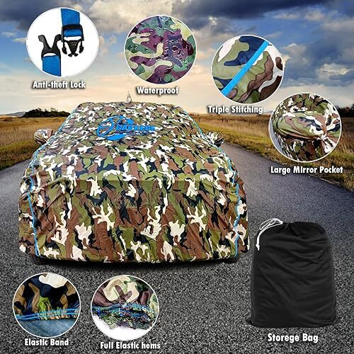 Garrege Maruti Suzuki Wagon R Car Body Cover Waterproof With Mirror And Antenna Pocket And Soft Cotton Lining (Full Bottom Elastic Triple Stitched) (Jungle Print With Blue Piping) Style